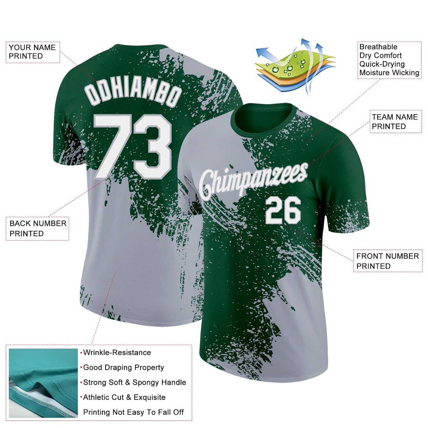 Custom Green White-Gray 3D Pattern Design Abstract Brush Stroke Performance T-Shirt view 2