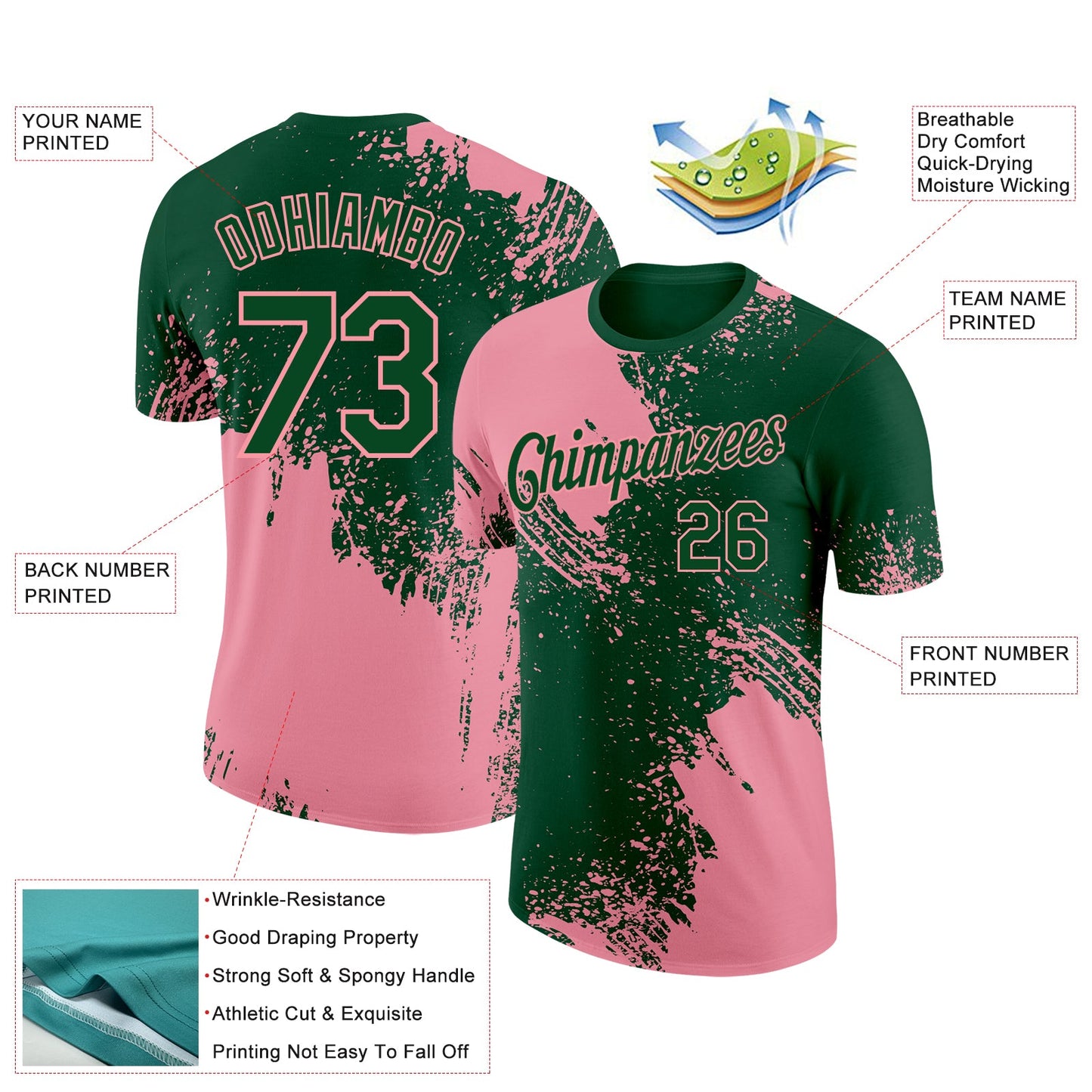 Custom Green Medium Pink 3D Pattern Design Abstract Brush Stroke Performance T-Shirt view 2