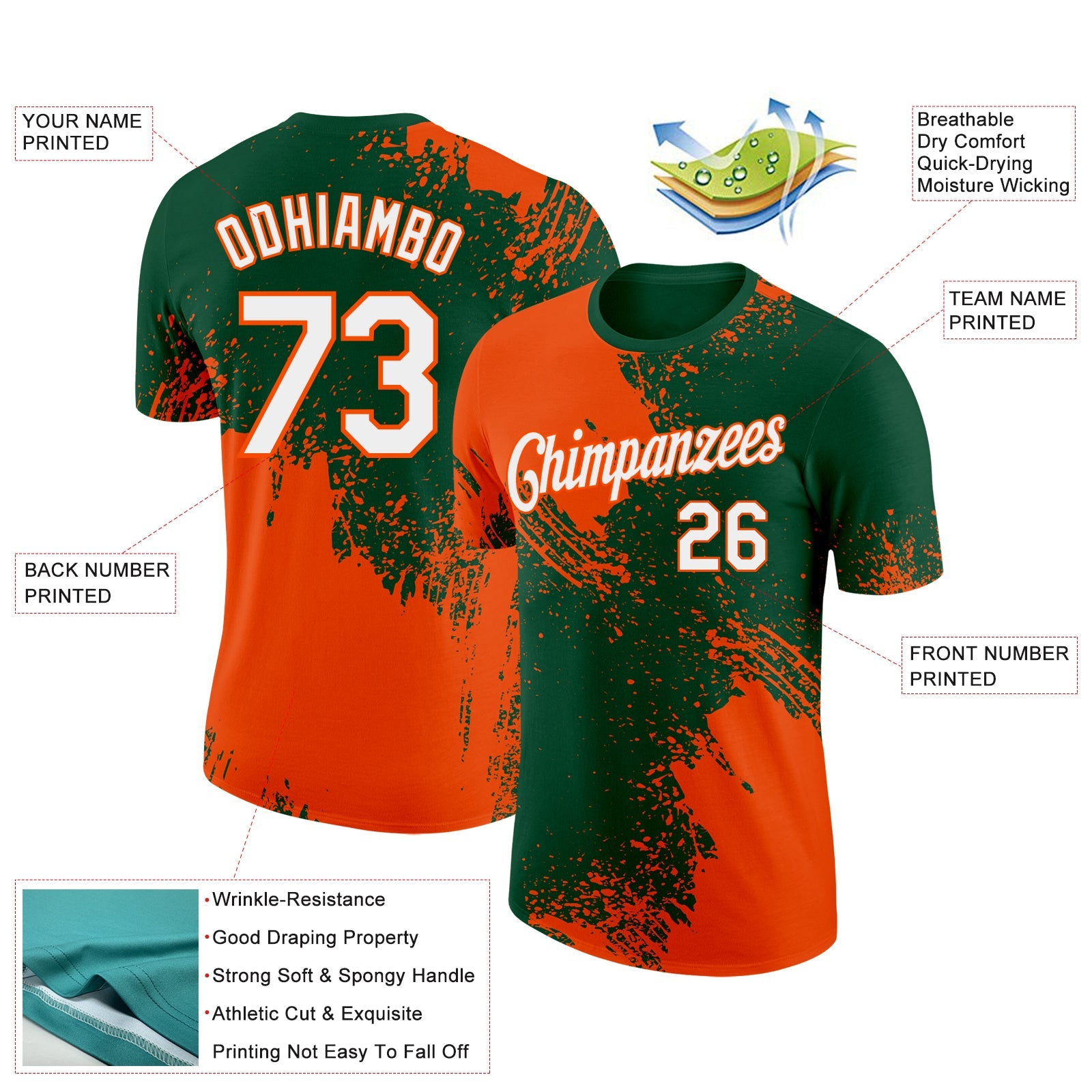 Custom Green White-Orange 3D Pattern Design Abstract Brush Stroke Performance T-Shirt view 2