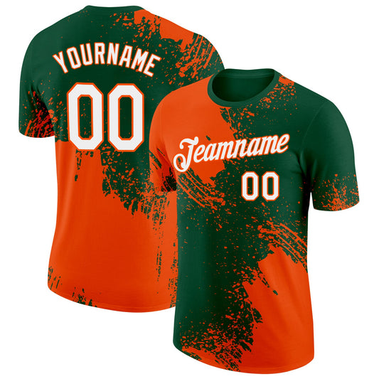 Custom Green White-Orange 3D Pattern Design Abstract Brush Stroke Performance T-Shirt - Main View