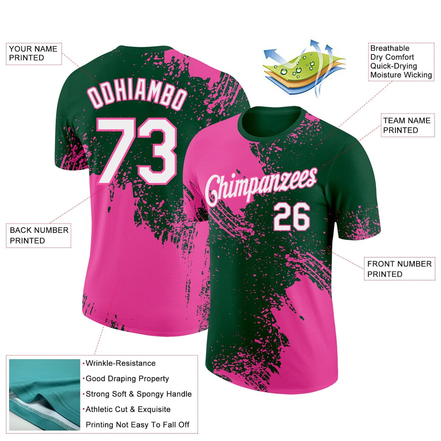 Custom Green White-Pink 3D Pattern Design Abstract Brush Stroke Performance T-Shirt view 2