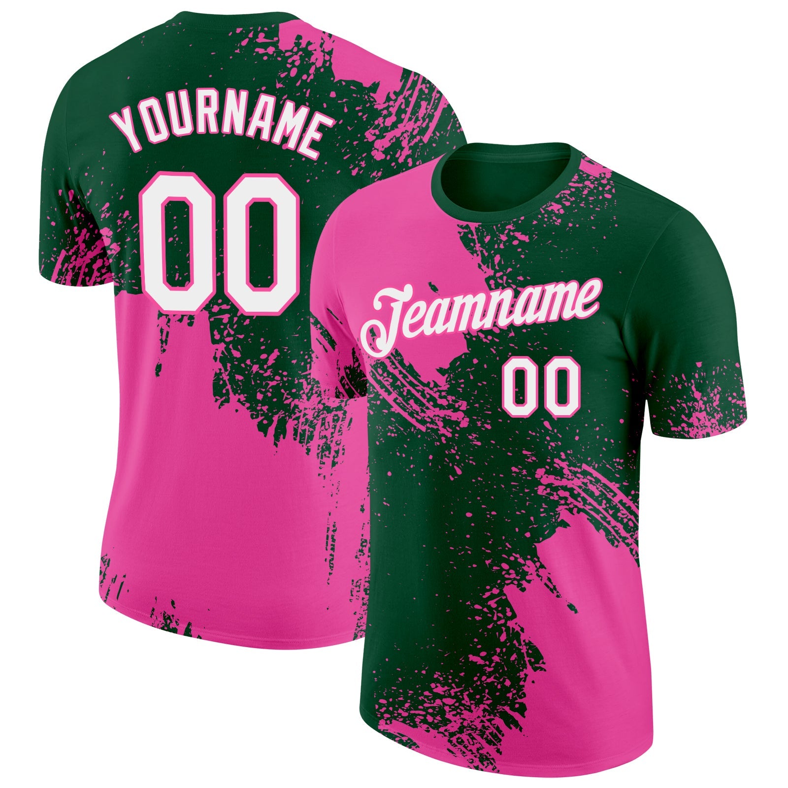 Custom Green White-Pink 3D Pattern Design Abstract Brush Stroke Performance T-Shirt - Main View