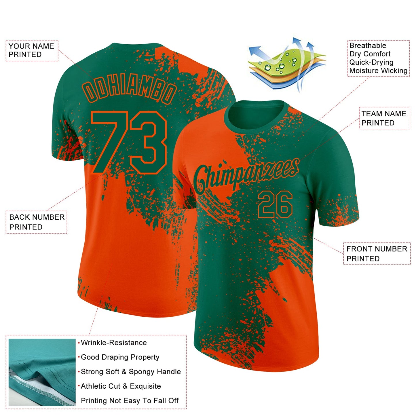 Custom Kelly Green Orange 3D Pattern Design Abstract Brush Stroke Performance T-Shirt view 2