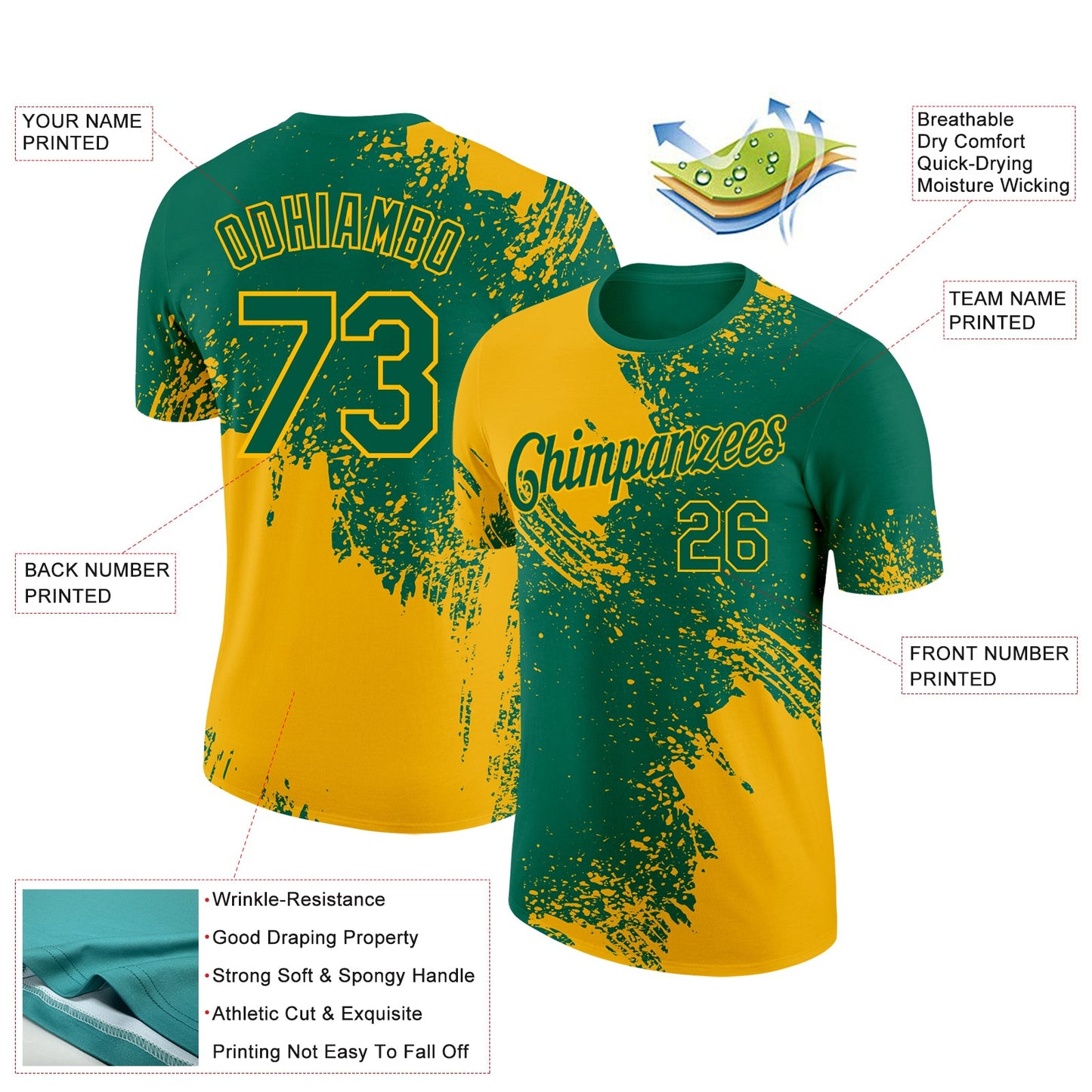 Custom Kelly Green Gold 3D Pattern Design Abstract Brush Stroke Performance T-Shirt view 2