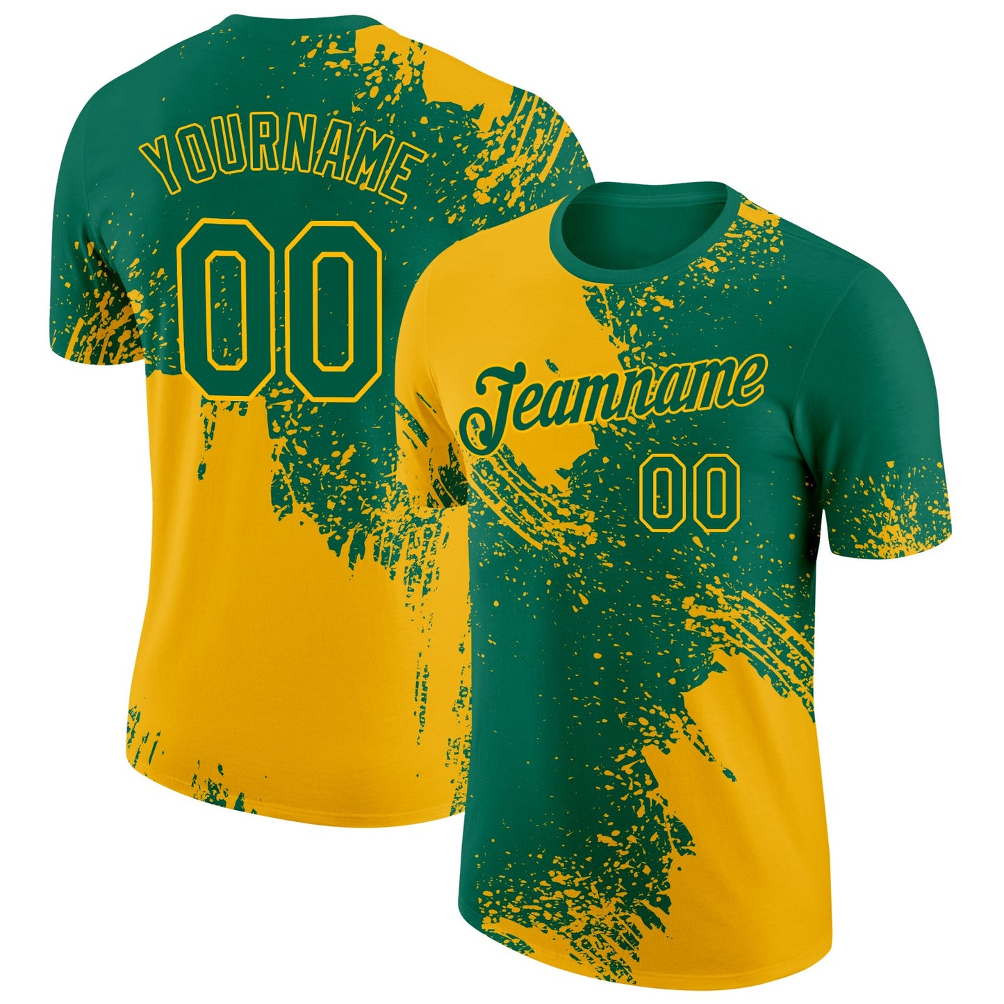 Custom Kelly Green Gold 3D Pattern Design Abstract Brush Stroke Performance T-Shirt - Main View