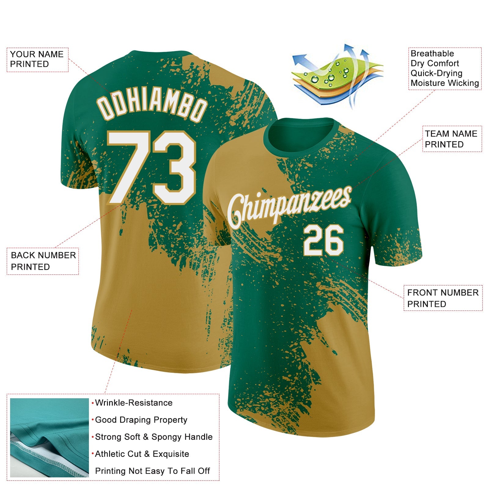 Custom Kelly Green White-Old Gold 3D Pattern Design Abstract Brush Stroke Performance T-Shirt view 2