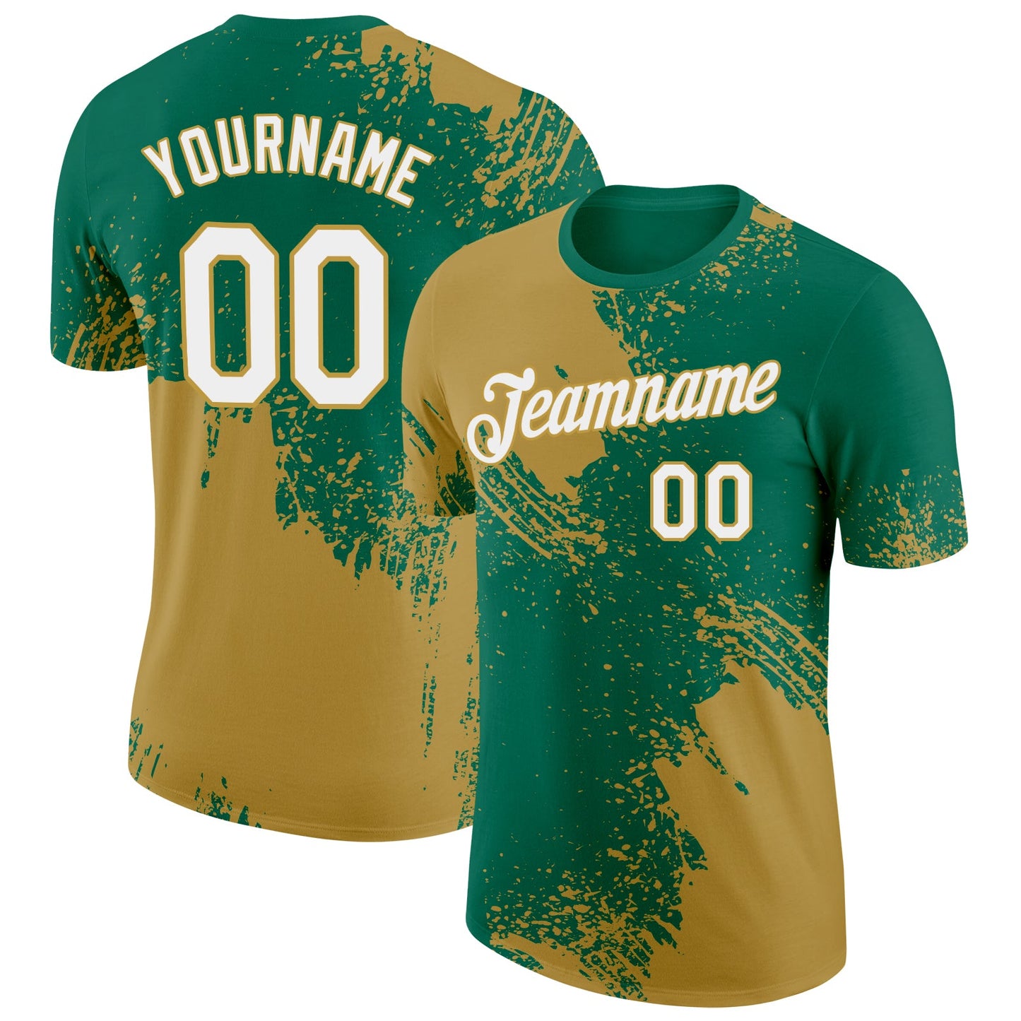 Custom Kelly Green White-Old Gold 3D Pattern Design Abstract Brush Stroke Performance T-Shirt - Main View