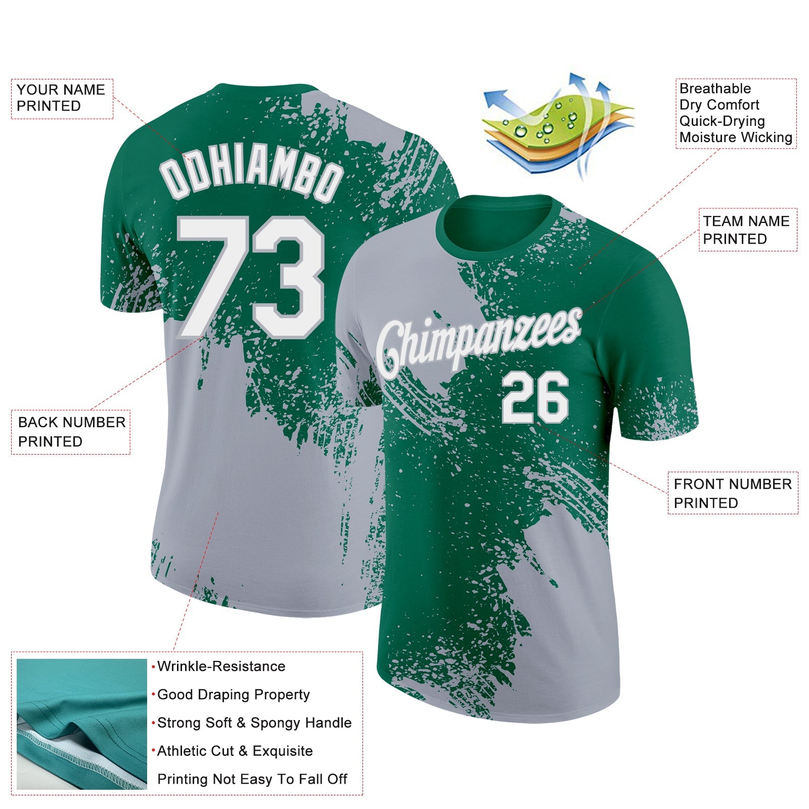Custom Kelly Green White-Gray 3D Pattern Design Abstract Brush Stroke Performance T-Shirt view 2