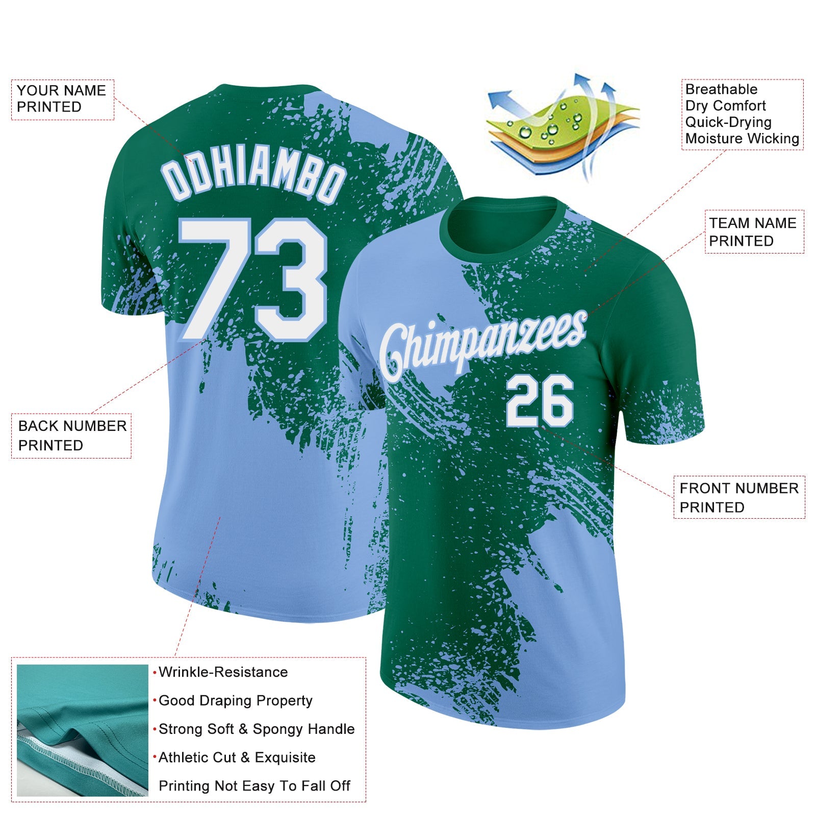 Custom Kelly Green White-Light Blue 3D Pattern Design Abstract Brush Stroke Performance T-Shirt view 2