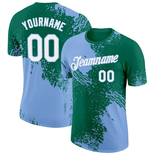 Custom Kelly Green White-Light Blue 3D Pattern Design Abstract Brush Stroke Performance T-Shirt - Main View