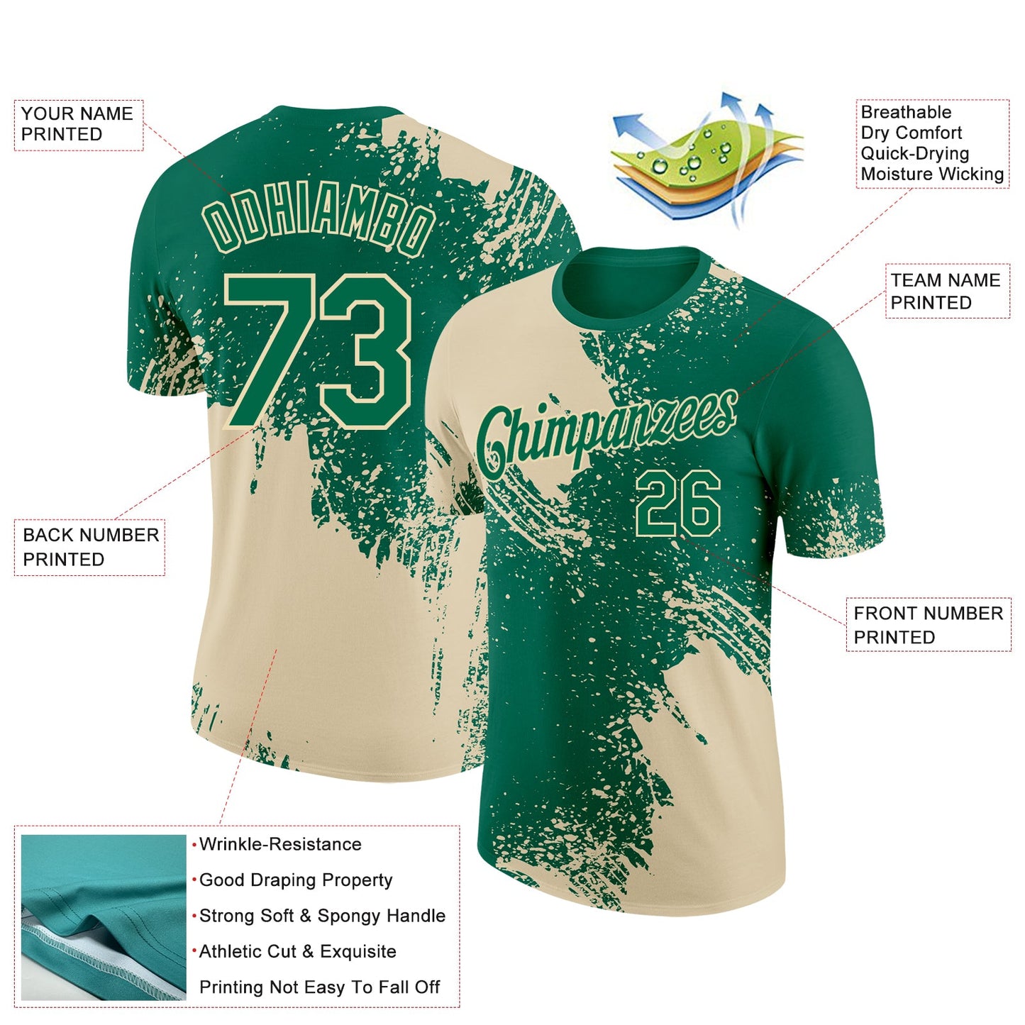 Custom Kelly Green Cream 3D Pattern Design Abstract Brush Stroke Performance T-Shirt view 2