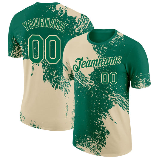 Custom Kelly Green Cream 3D Pattern Design Abstract Brush Stroke Performance T-Shirt - Main View