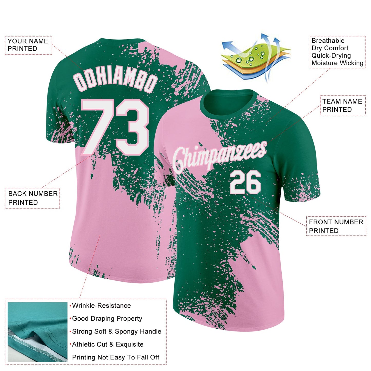 Custom Kelly Green White-Light Pink 3D Pattern Design Abstract Brush Stroke Performance T-Shirt view 2