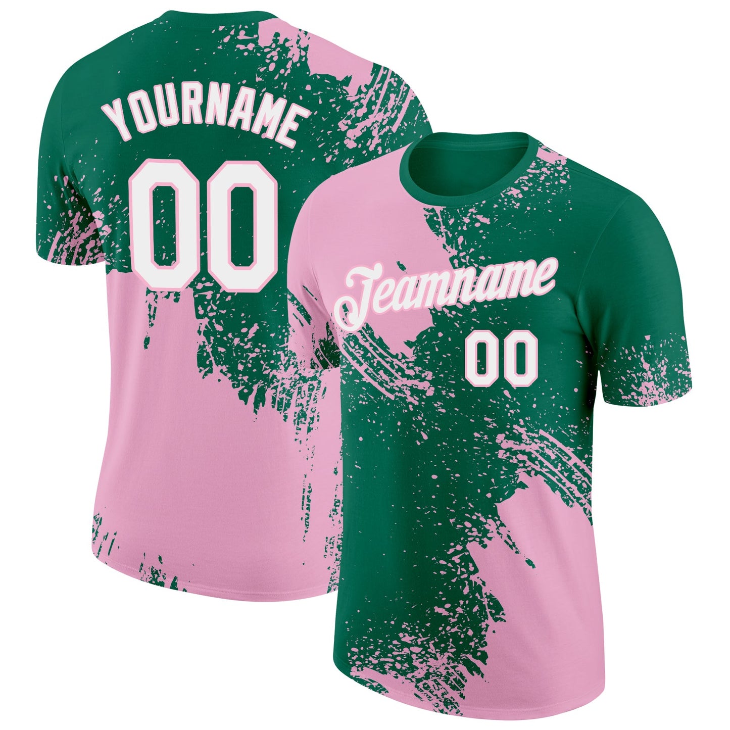 Custom Kelly Green White-Light Pink 3D Pattern Design Abstract Brush Stroke Performance T-Shirt - Main View