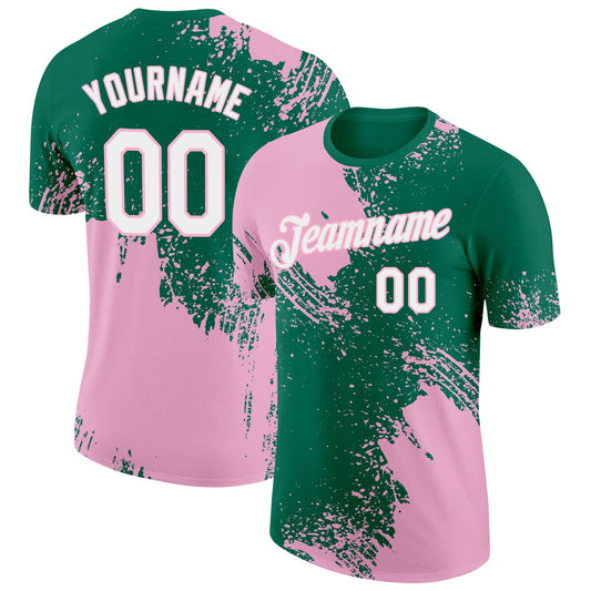Custom Kelly Green White-Light Pink 3D Pattern Design Abstract Brush Stroke Performance T-Shirt - Main View