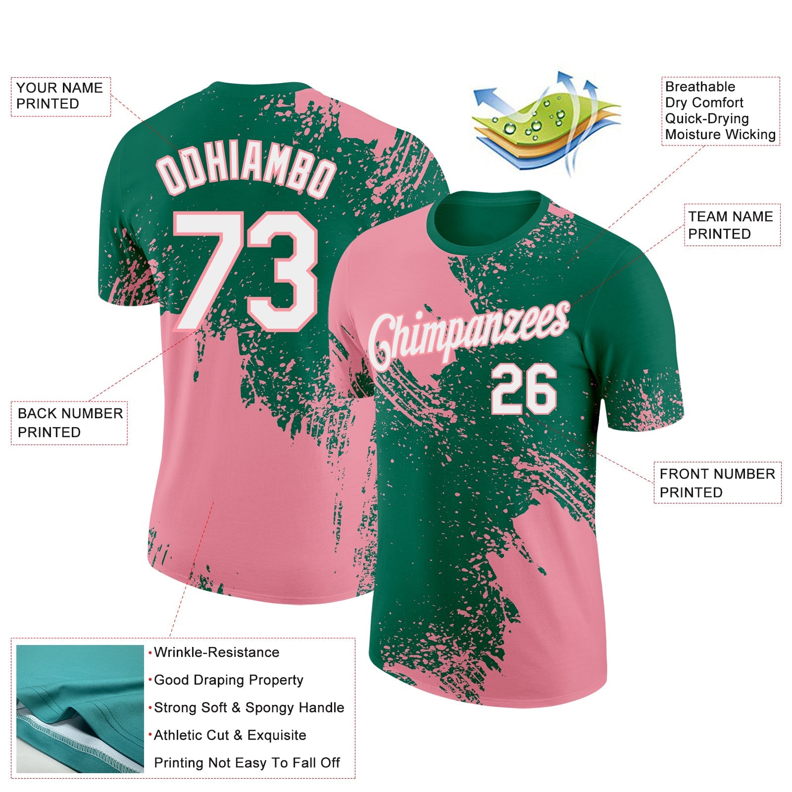 Custom Kelly Green White-Medium Pink 3D Pattern Design Abstract Brush Stroke Performance T-Shirt view 2