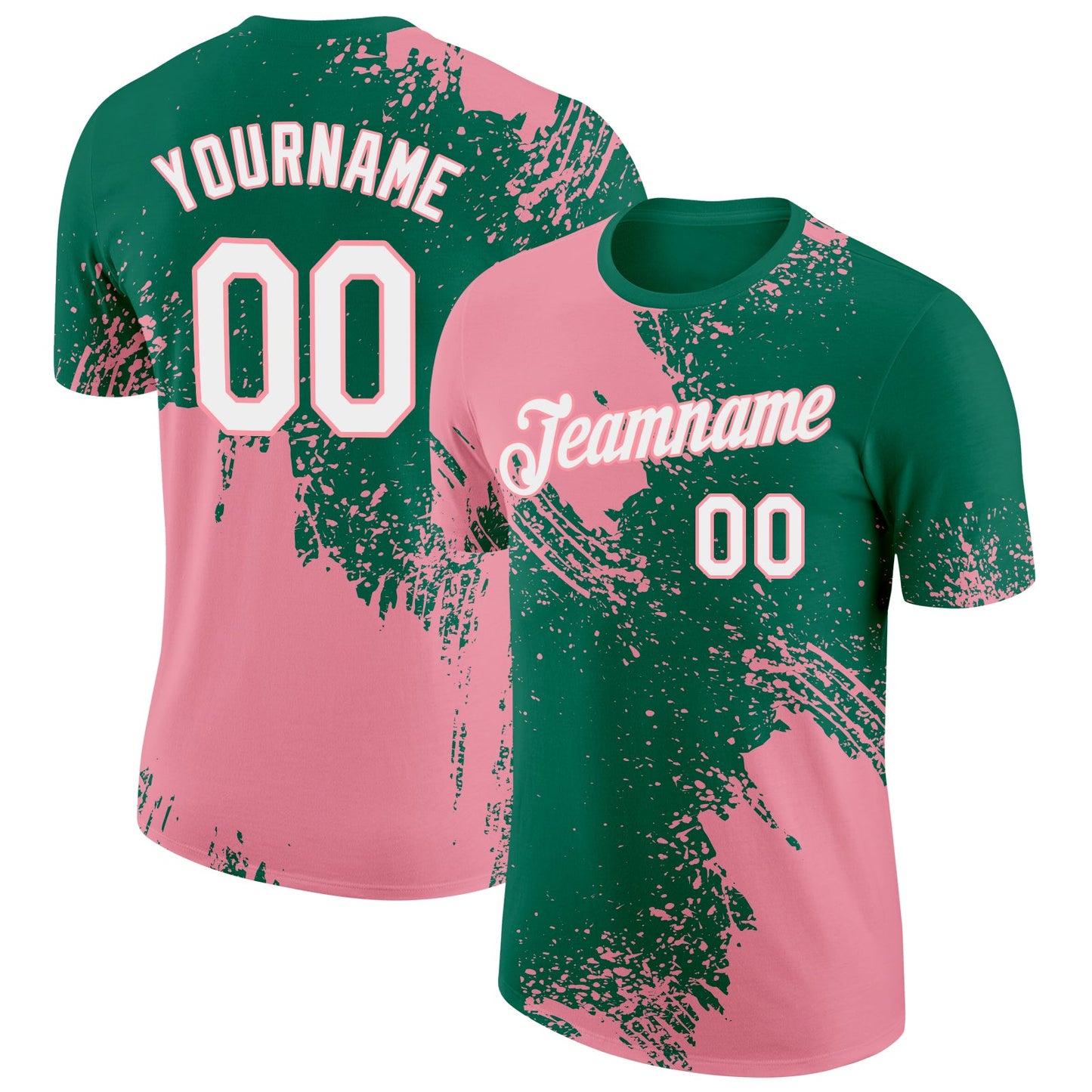 Custom Kelly Green White-Medium Pink 3D Pattern Design Abstract Brush Stroke Performance T-Shirt - Main View