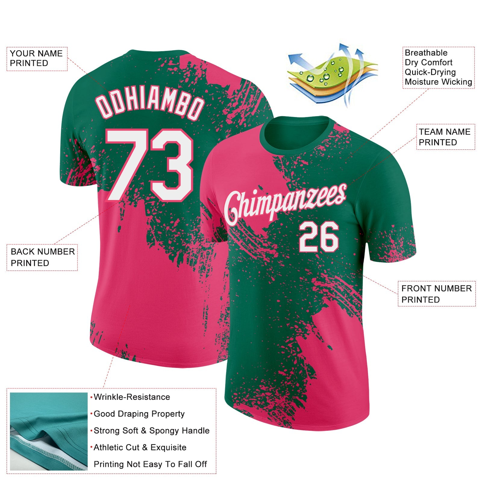 Custom Kelly Green White-Neon Pink 3D Pattern Design Abstract Brush Stroke Performance T-Shirt view 2