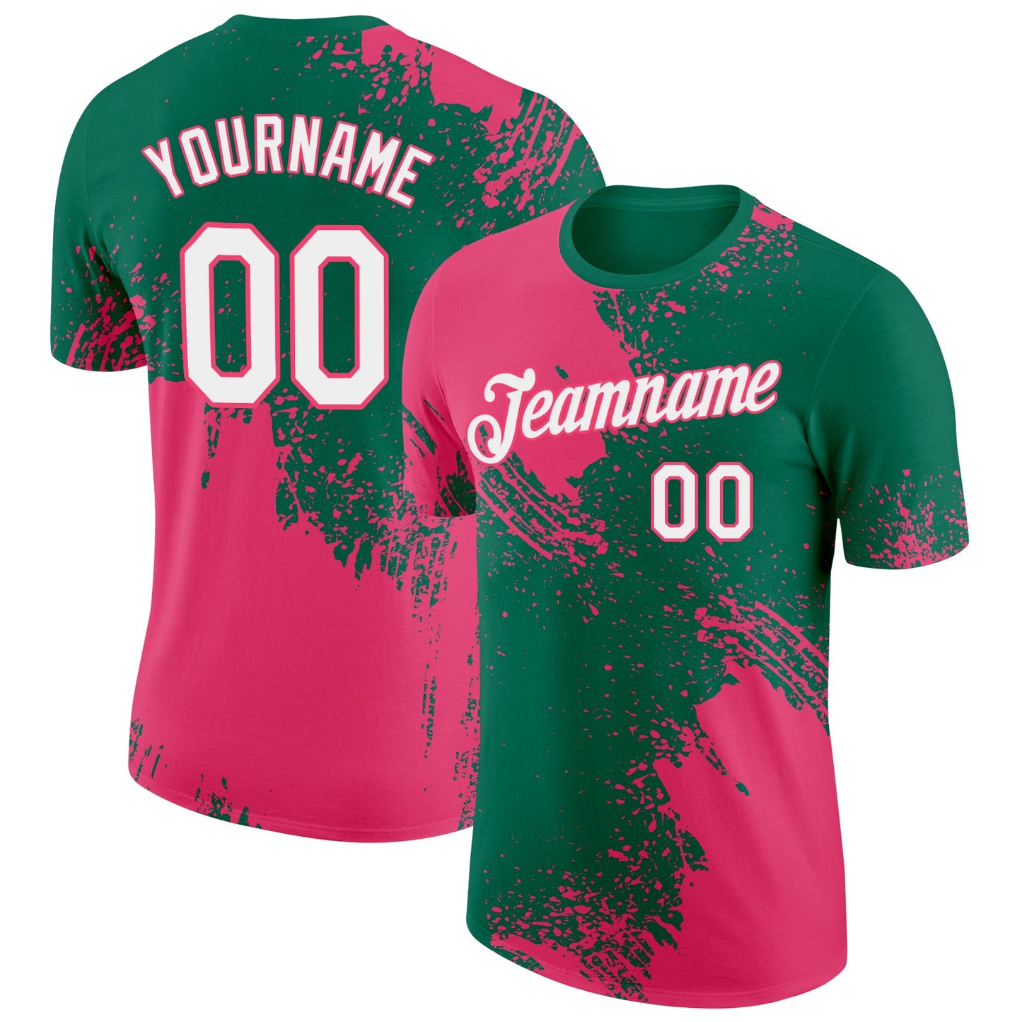 Custom Kelly Green White-Neon Pink 3D Pattern Design Abstract Brush Stroke Performance T-Shirt - Main View