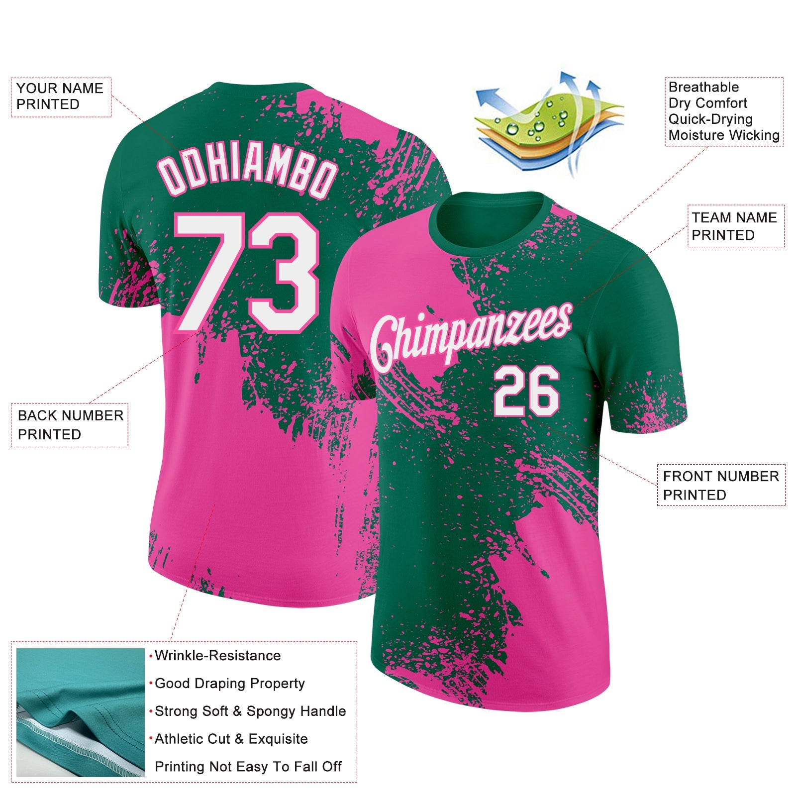 Custom Kelly Green White-Pink 3D Pattern Design Abstract Brush Stroke Performance T-Shirt view 2