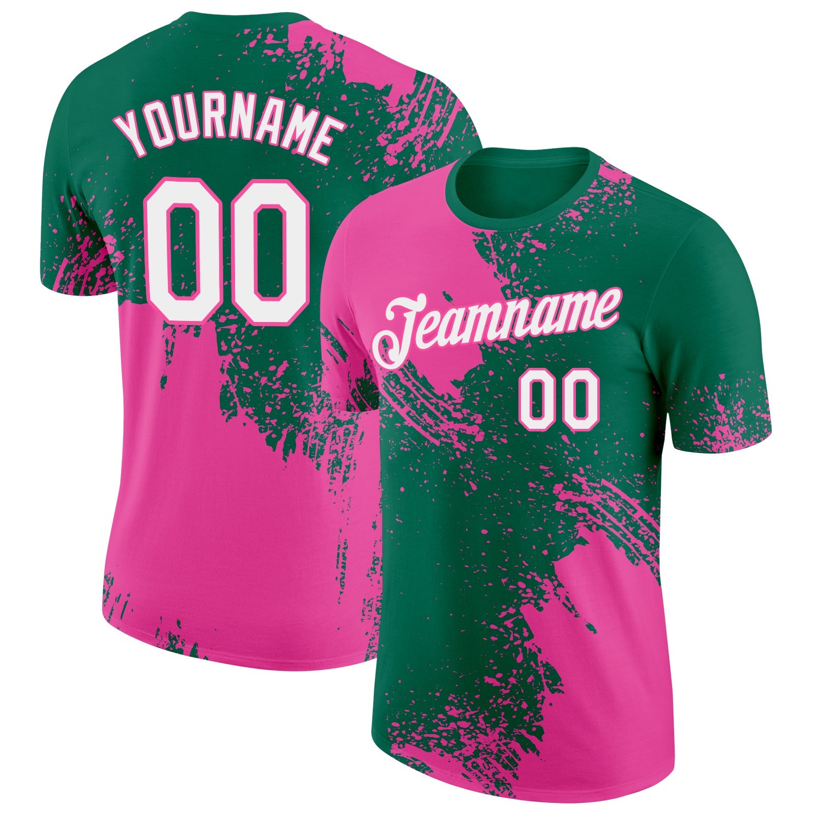 Custom Kelly Green White-Pink 3D Pattern Design Abstract Brush Stroke Performance T-Shirt - Main View
