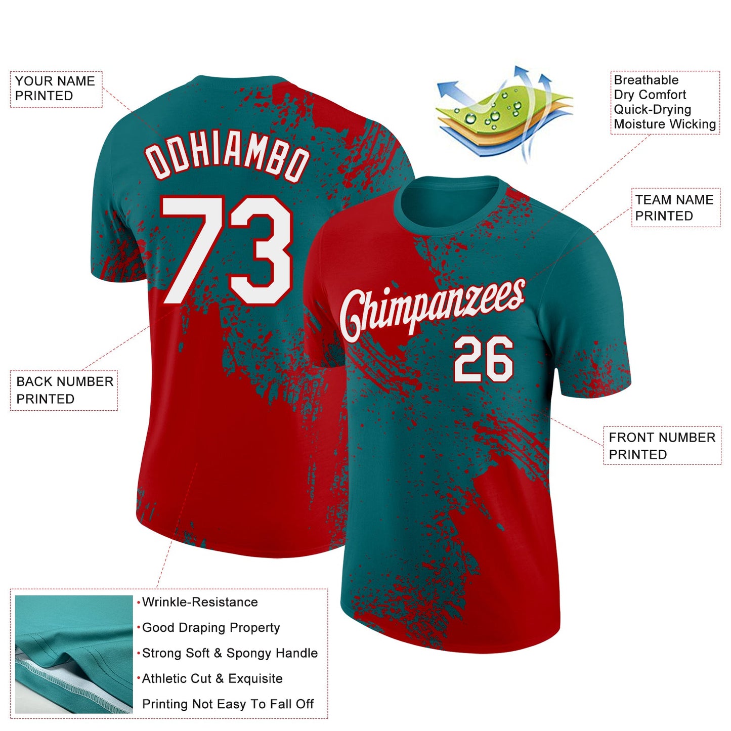 Custom Teal White-Red 3D Pattern Design Abstract Brush Stroke Performance T-Shirt view 2