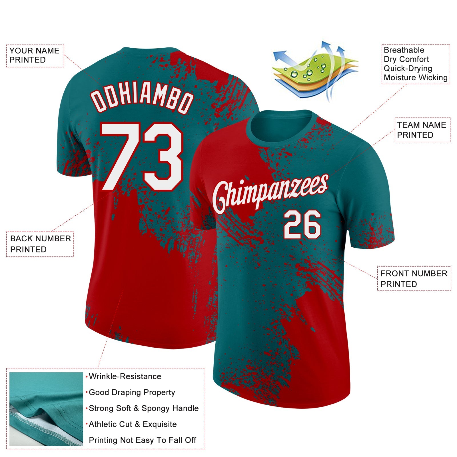 Custom Teal White-Red 3D Pattern Design Abstract Brush Stroke Performance T-Shirt view 2
