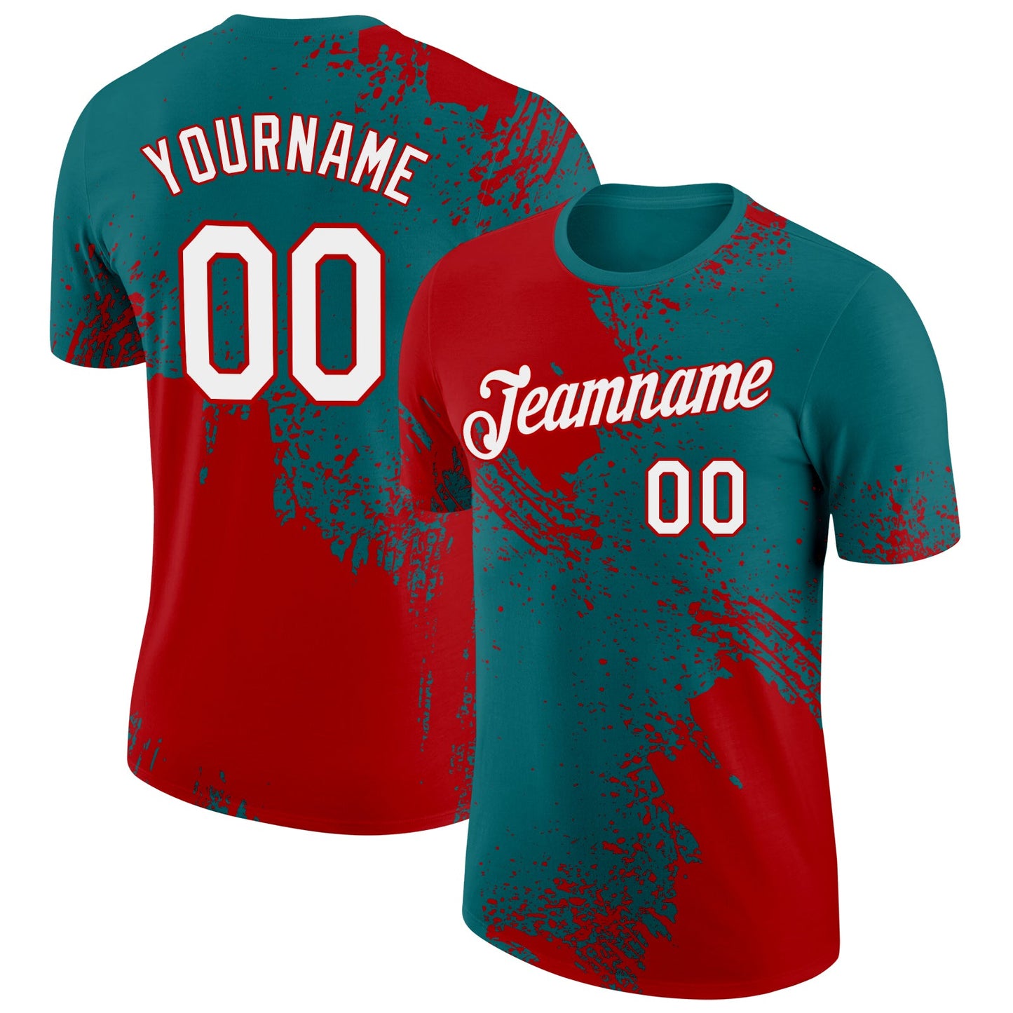 Custom Teal White-Red 3D Pattern Design Abstract Brush Stroke Performance T-Shirt - Main View