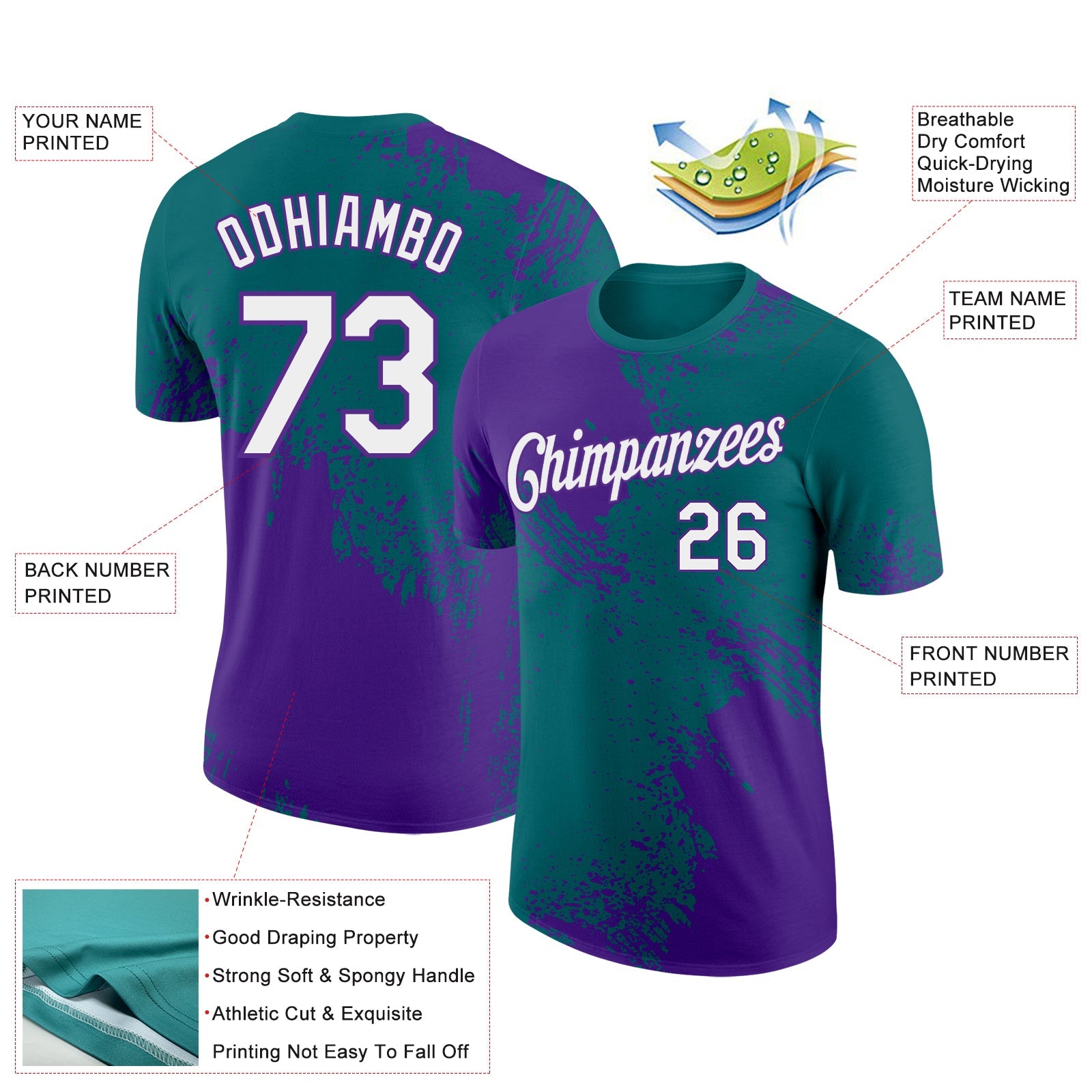 Custom Teal White-Purple 3D Pattern Design Abstract Brush Stroke Performance T-Shirt view 2