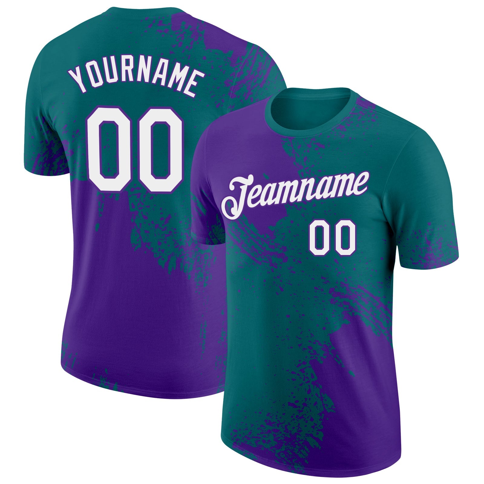 Custom Teal White-Purple 3D Pattern Design Abstract Brush Stroke Performance T-Shirt - Main View