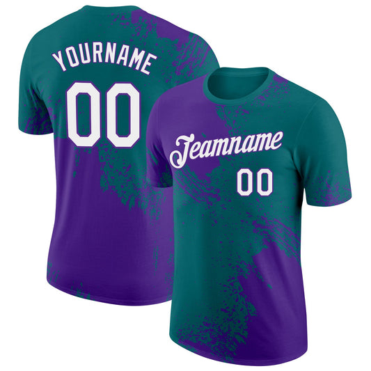 Custom Teal White-Purple 3D Pattern Design Abstract Brush Stroke Performance T-Shirt - Main View