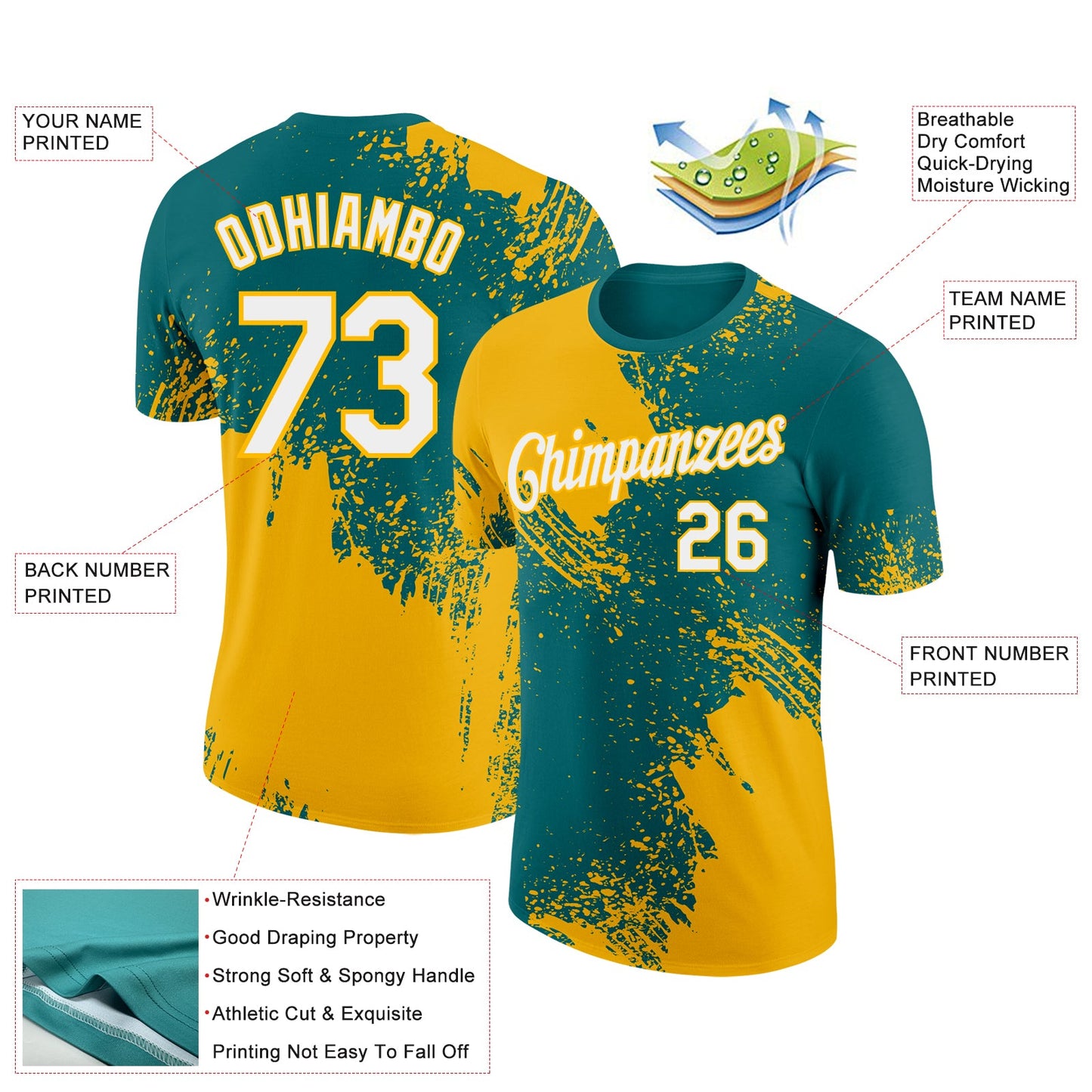 Custom Teal White-Gold 3D Pattern Design Abstract Brush Stroke Performance T-Shirt view 2