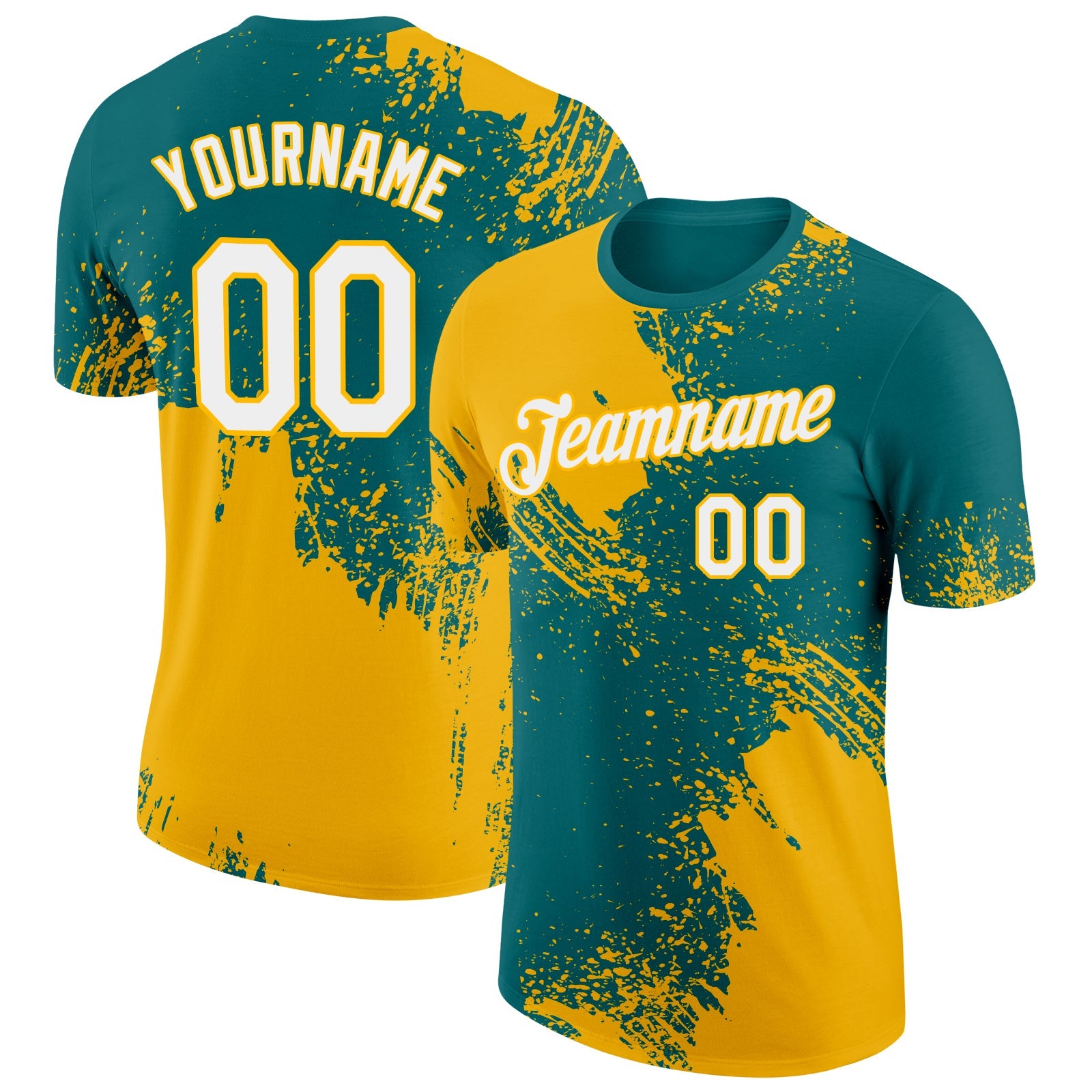 Custom Teal White-Gold 3D Pattern Design Abstract Brush Stroke Performance T-Shirt - Main View