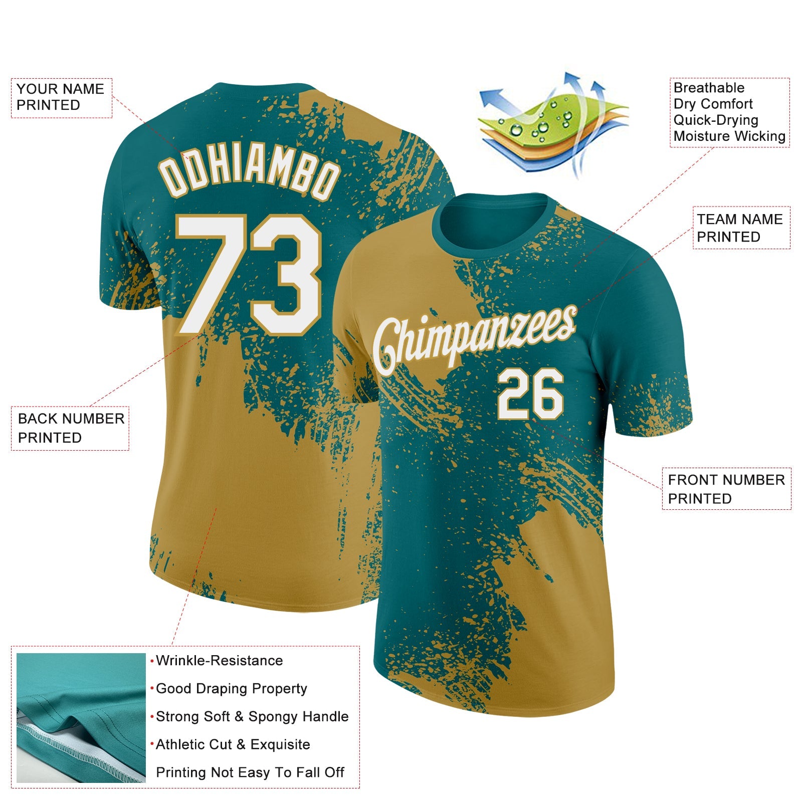Custom Teal White-Old Gold 3D Pattern Design Abstract Brush Stroke Performance T-Shirt view 2