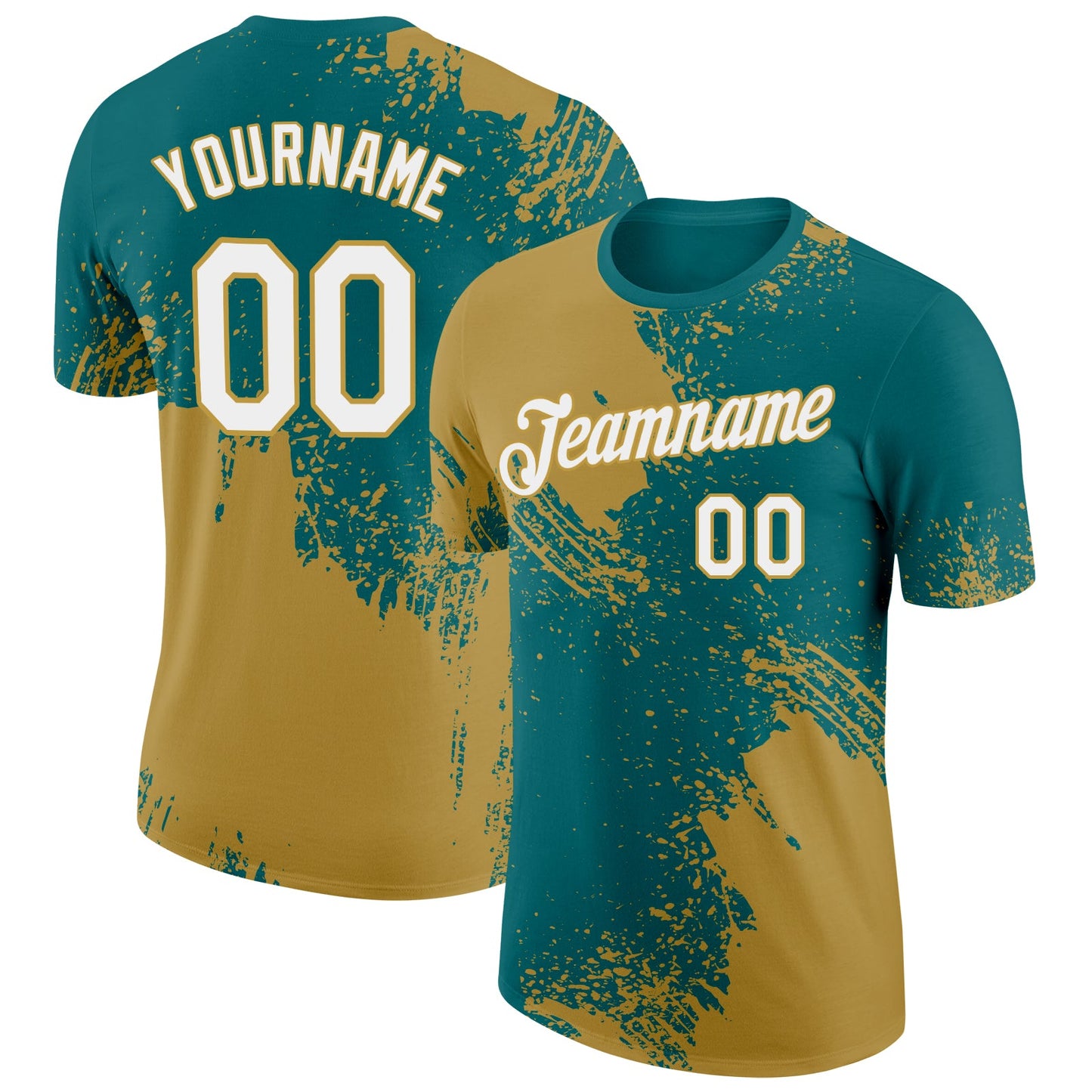 Custom Teal White-Old Gold 3D Pattern Design Abstract Brush Stroke Performance T-Shirt - Main View