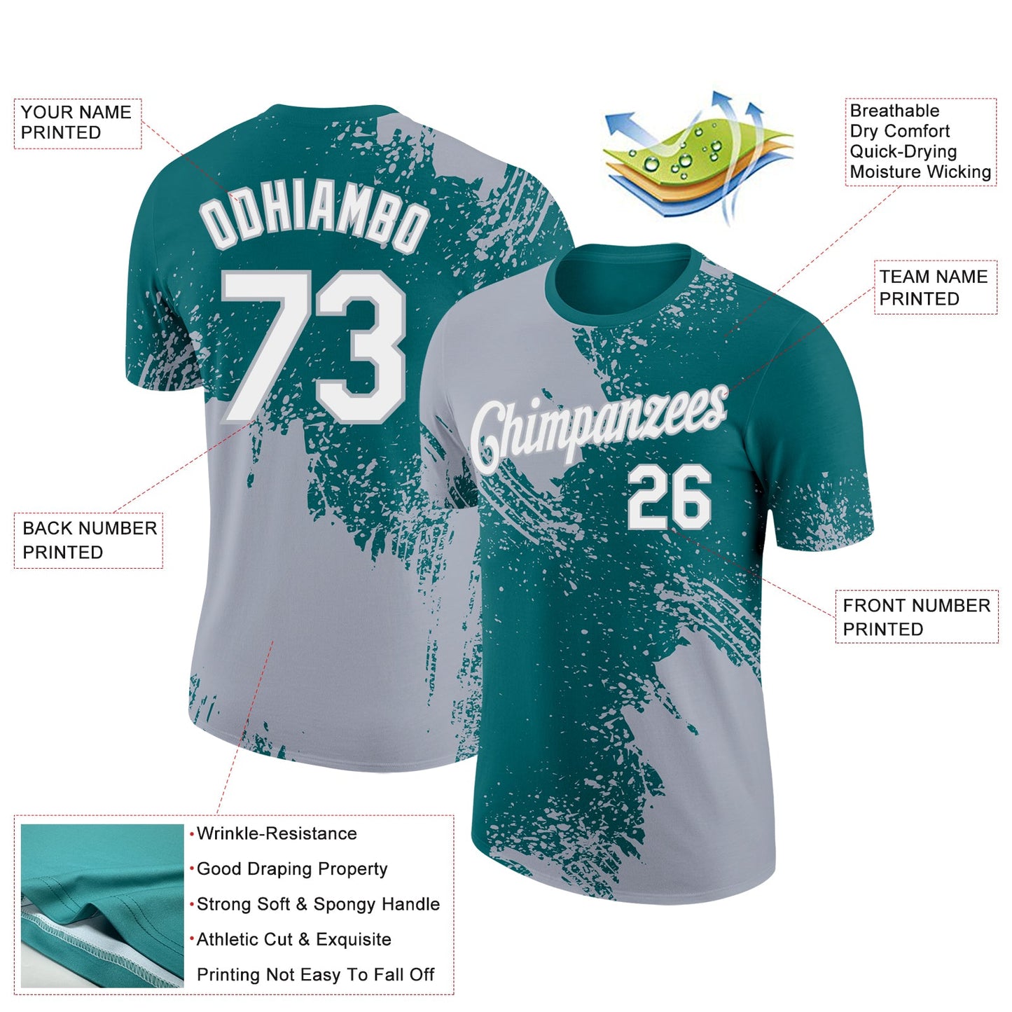 Custom Teal White-Gray 3D Pattern Design Abstract Brush Stroke Performance T-Shirt view 2