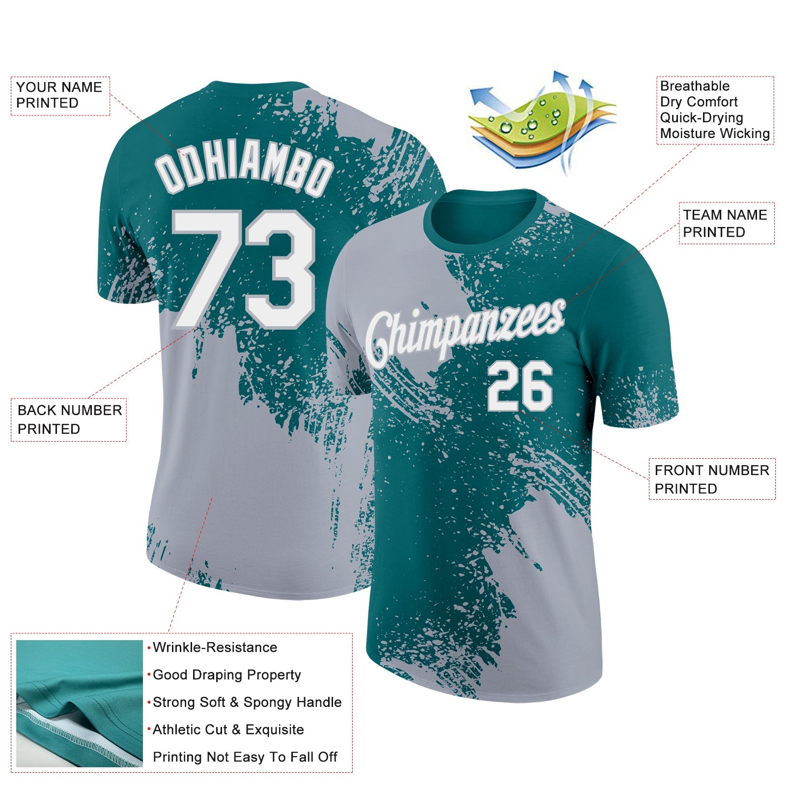 Custom Teal White-Gray 3D Pattern Design Abstract Brush Stroke Performance T-Shirt view 2