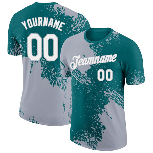 Custom Teal White-Gray 3D Pattern Design Abstract Brush Stroke Performance T-Shirt - Main View