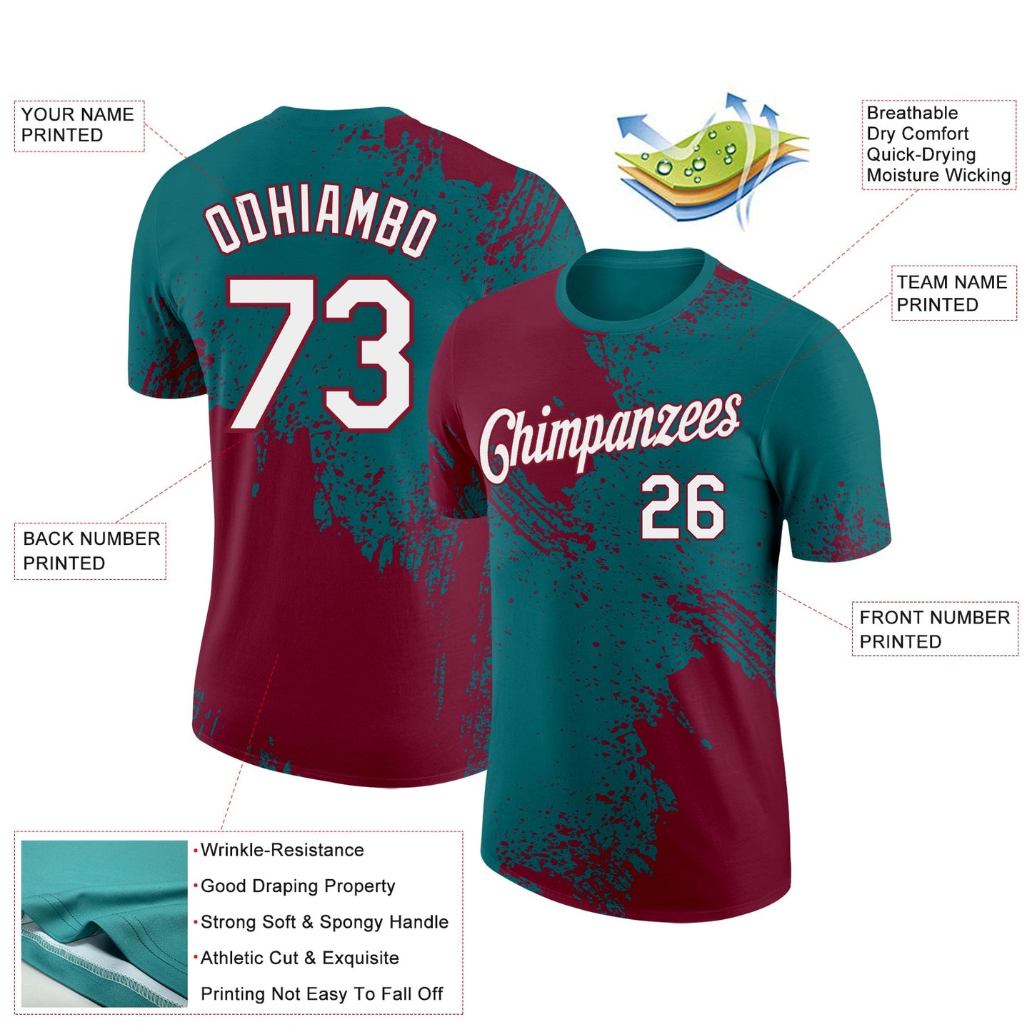 Custom Teal White-Crimson 3D Pattern Design Abstract Brush Stroke Performance T-Shirt view 2