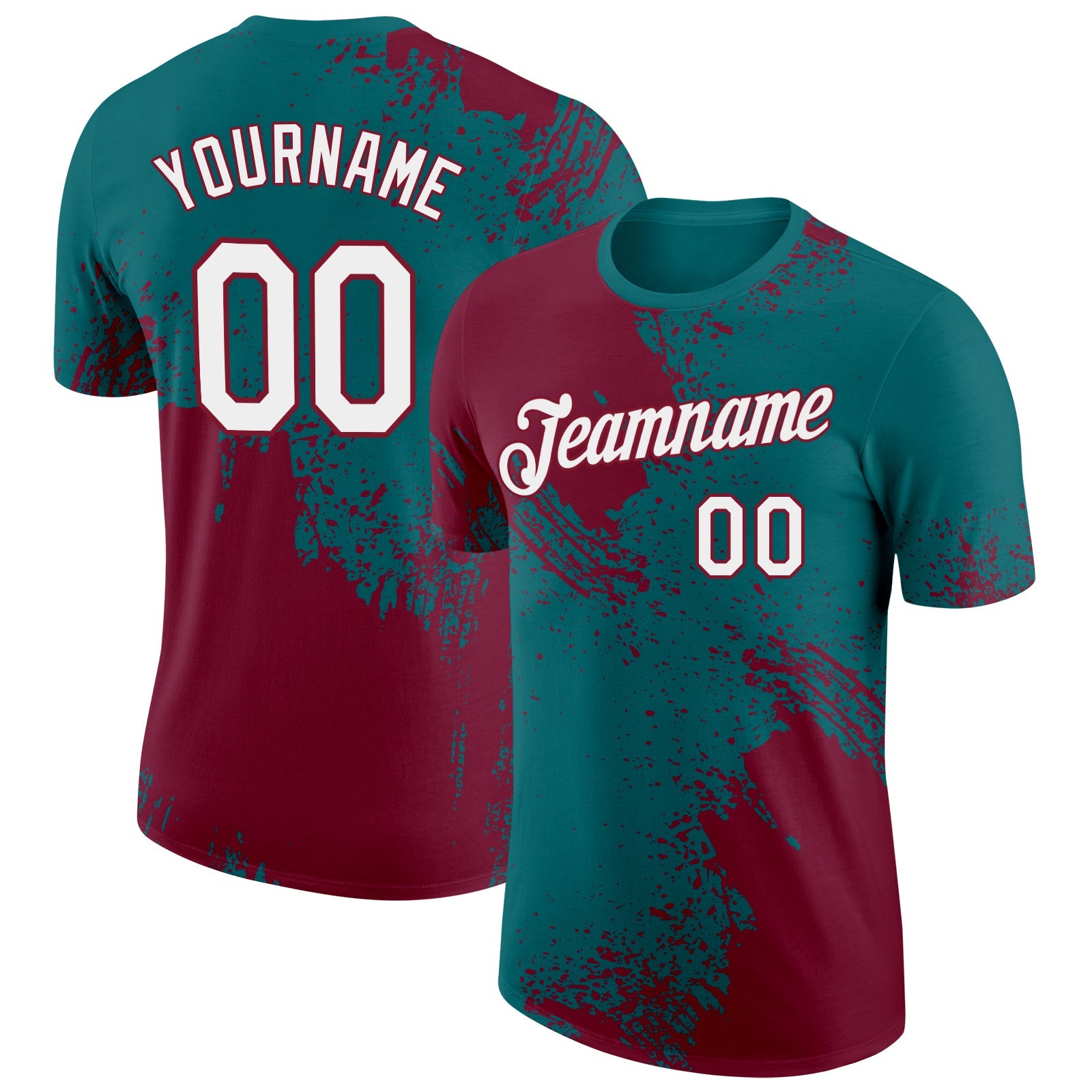 Custom Teal White-Crimson 3D Pattern Design Abstract Brush Stroke Performance T-Shirt - Main View
