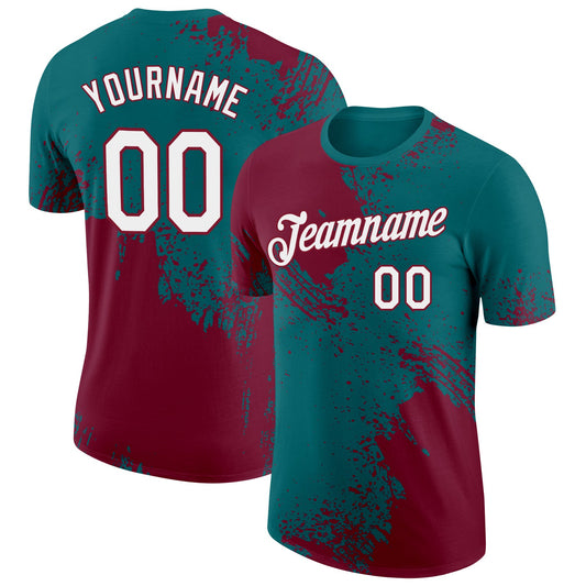 Custom Teal White-Crimson 3D Pattern Design Abstract Brush Stroke Performance T-Shirt - Main View