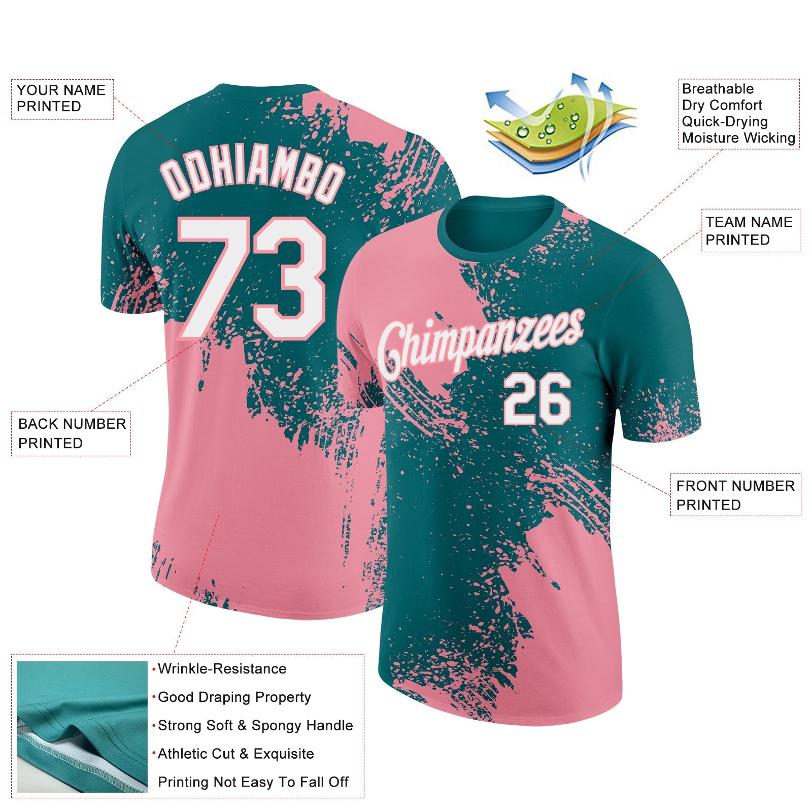 Custom Teal White-Medium Pink 3D Pattern Design Abstract Brush Stroke Performance T-Shirt view 2