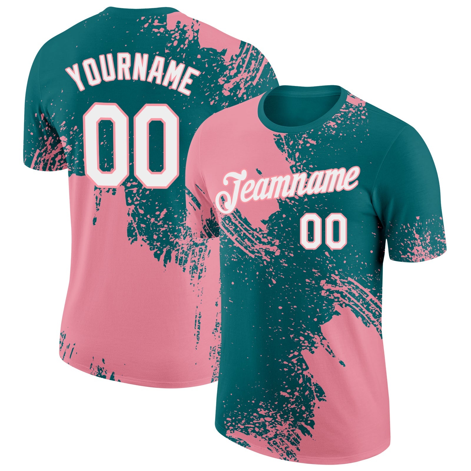 Custom Teal White-Medium Pink 3D Pattern Design Abstract Brush Stroke Performance T-Shirt - Main View