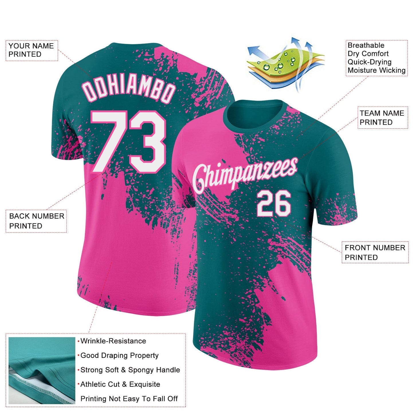 Custom Teal White-Pink 3D Pattern Design Abstract Brush Stroke Performance T-Shirt view 2