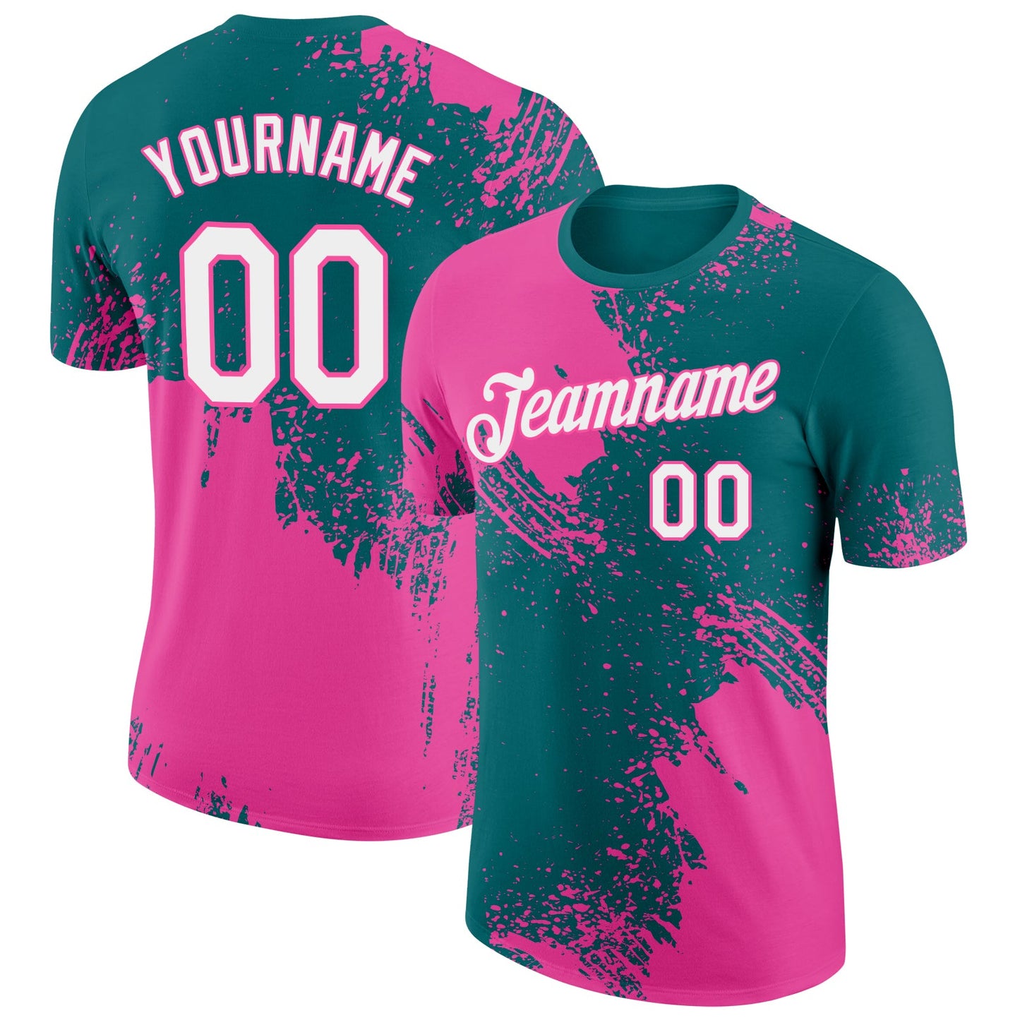 Custom Teal White-Pink 3D Pattern Design Abstract Brush Stroke Performance T-Shirt - Main View