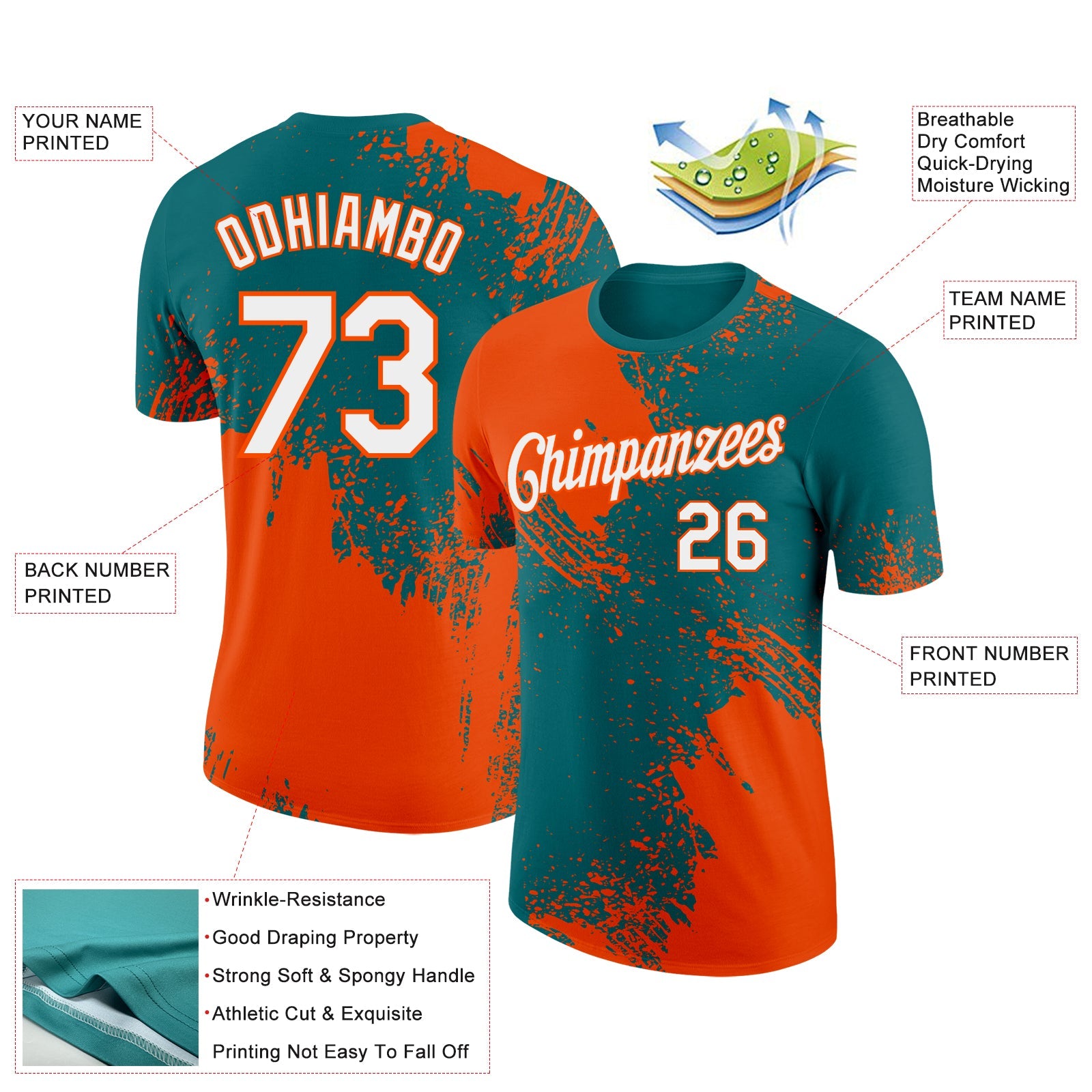 Custom Teal White-Orange 3D Pattern Design Abstract Brush Stroke Performance T-Shirt view 2
