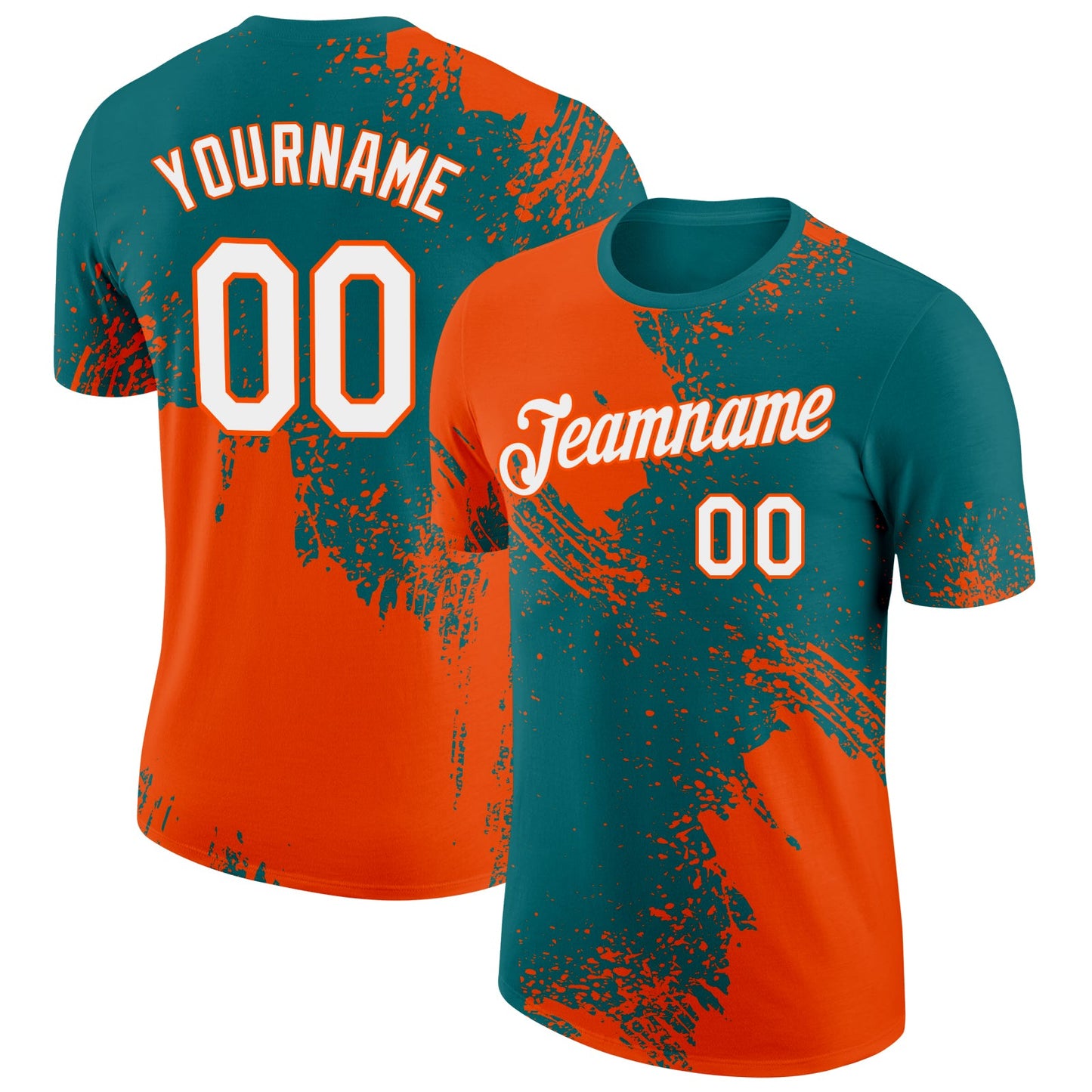 Custom Teal White-Orange 3D Pattern Design Abstract Brush Stroke Performance T-Shirt - Main View