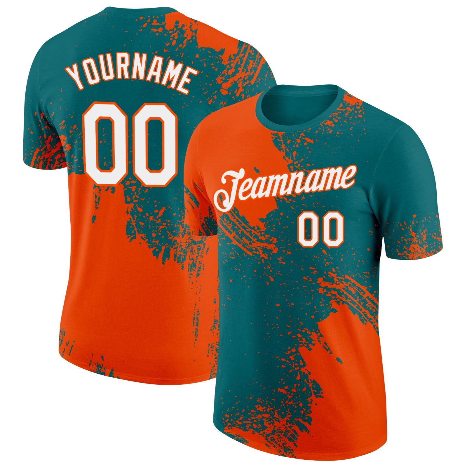 Custom Teal White-Orange 3D Pattern Design Abstract Brush Stroke Performance T-Shirt - Main View
