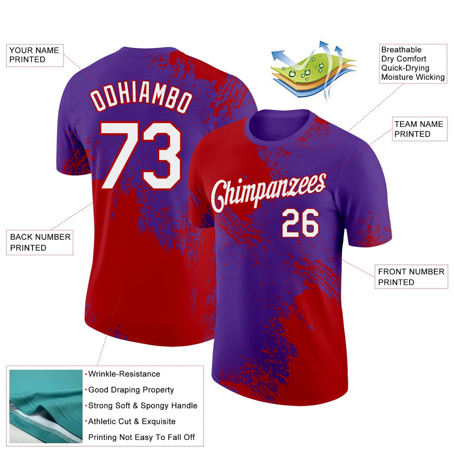 Custom Purple White-Red 3D Pattern Design Abstract Brush Stroke Performance T-Shirt view 2
