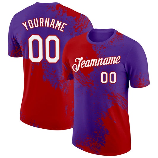 Custom Purple White-Red 3D Pattern Design Abstract Brush Stroke Performance T-Shirt - Main View